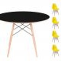 Conjunto Mesa Eames Eiffel DSW Redonda Preta 90cm + 4 Cadeiras Eames DSW - Amarela