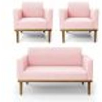Conjunto 2 Poltronas e 1 Namoradeira Decorativa Isabella Pés Fixo em Madeira Castanho Suede Rosa Bebê G19 - Gran Belo