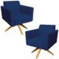 Kit 02 Poltronas Decorativas Isabella Base Giratória Madeira Suede Azul Marinho G19 - Gran Belo