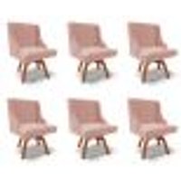 Kit 6 Cadeiras Decorativas Sala de Jantar Base Giratória de Madeira Firenze Veludo Rosê/Natural G19 - Gran Belo