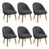 Kit 06 Cadeiras Poltrona de Jantar Estofada Luna Boucle Grafite Pés Palito Castanho - Pallazio