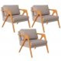 Kit 03 Poltronas Decorativas Para Sala Estar Pietra Estrutura De Madeira L02 Linho Bege - Lyam Decor