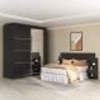 Guarda-Roupas Casal Espelho e Cabeceira com 2 Mesas de Cabeceira Multimóveis MP4327 Preto
