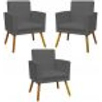 Kit 3 Poltronas Decorativas Para Sala, Manicure, Quarto Nina Com Base Suede Cinza Pé Castanho - Clique E Decore