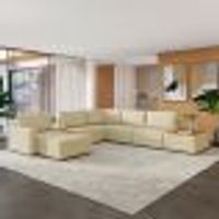 Sofá de Canto Decorativo Sala de Estar 715cm Modulado Takashi com Chaise e Puffs Linho Bege G45 - Gran Belo