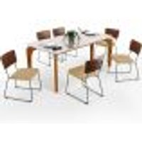 Mesa Capri 160cm Off White E 6 Cadeiras Allana B05 CourÃssimo Marrom Linho Bege Escuro - Lyam Decor