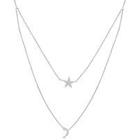 Collar Doble Estrella y Luna 0.09 ct Diamante Natural Oro Blanco 585 (14K)