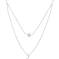 Podwójny Naszyjnik Gwiazda & Księżyc 0,09 ct Diament Naturalny 585 Złoto Białe (14K)