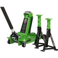 Sealey - 3015CXHV Trolley Jack with Super Rocket Lift 3 Tonne & Axle Stands (Pair) 3 Tonne Capacity per Stand - Green
