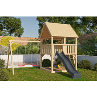 Karibu Spielturm 'Ida' naturbelassen mit Rutsche anthrazit, Doppelschaukel 440 x 394 x 345 cm