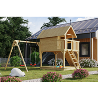 Karibu Stelzenhaus 'Karlie' naturbelassen mit Doppelschaukel, Rutsche anthrazit 438 x 485 x 329,5 cm