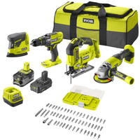 Ryobi Combo Kit Akku-Schlagbohrschrauber, Winkelschleifer, Stichsäge, Delta-Vibrationsschleifer 'R18CK4F-252S' mit Akku, Werkzeugtasche und 55-teiligem Bit-Set