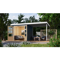 Karibu Metall-Holzgartenhaus 'Komet B' terragrau/weiß, Anbaudach, Doppelflügeltür 453 x 235 x 208,5 cm