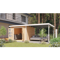 Karibu Gartenhaus-Set 'Meteor A' naturbelassen/weiß mit Anbaudach 595,5 x 218,5 x 292,4 cm