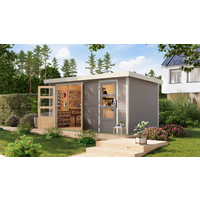 Karibu Metall-Holzgartenhaus 'Antaris D' Fichtenholz wassegrau Metall weiß 400,5 x 209 x 213,5 cm