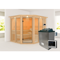 Karibu Sauna 'Ariadna 3' naturbelassen mit Kranz und bronzierter Tür 9 kW Ofen externe Steuerung 245 x 210 x 202 cm
