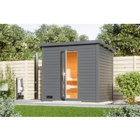 Karibu Saunahaus 'Bosco 3' terragrau 9 kW Ofen integrierte Steuerung 231 x 196 x 228 cm