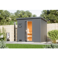 Karibu Saunahaus 'Bosco 3' terragrau Ofen 9 kW Bio-Ofen externe Steuerung 231 x 196 x 228 cm