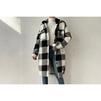 Black Plaid Teddy Fleece Longline Shacket Coat - Women's Winter Thermal Jacket, Classic Check, 5 Colours, 4 Sizes | Wowcher