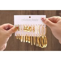 12-Pair Hypoallergenic Gold & Silver Alloy Hoop Earrings Set - Mixed Styles, Lightweight, Sensitive Ear Safe | Wowcher