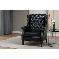 Chesterfield Style Black PU Leather Wingback Armchair - Traditional Sofa Accent, 1-Seater | Wowcher