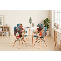 White Round Dining Table Set with 4 Colourful Patchwork Chairs - Modern Space-Saving Dining Furniture | Wowcher