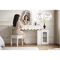 Doris Dressing Table with Cloud Mirror, LED Lights & Cabinet Storage | Wowcher