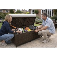 Outdoor Storage Bench: 175L, Acacia Armrests, Cushion, Weather-Resistant | Wowcher
