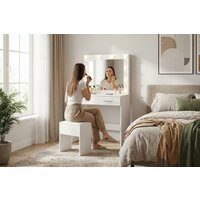 PRICE DROP! Seraphina White Contemporary Dressing Table & Stool Set with LED Mirror - 2 Storage Drawers, Space-Saving Bedroom Vanity | Wowcher