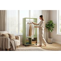 Green Particle Board Open Wardrobe with Aluminium Rail & 2-Tier Shelves - Mobile Bedroom Closet, Space-Saving Storage | Wowcher