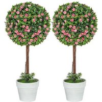 PRICE DROP! Set of 2 UV-Resistant Faux Ball Topiary Trees with Roses - 60cm Decorative Artificial Plants for Home & Garden | Wowcher