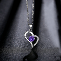 Sterling Silver Heart Pendant Necklace with Purple Crystal Centre - Adjustable Rhodium-Plated Chain, Hypoallergenic | Wowcher