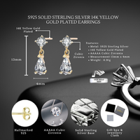 Sterling Silver Teardrop Drop Earrings - 14K Gold Plated, Hypoallergenic Statement Dangles with Cubic Zirconia | Wowcher