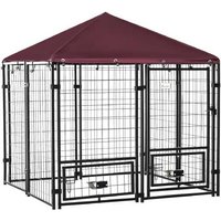 Heavy-Duty Outdoor Dog Kennel with UV Cover & Rotating Bowls - Secure Steel Enclosure for Small/Medium Breeds (Red Roof) | Wowcher