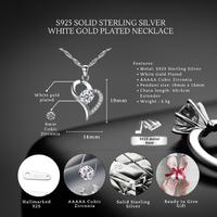 S925 Sterling Silver Heart Pendant Necklace - Hypoallergenic, Cubic Zirconia, Gift Ready, White Gold Plated Chain | Wowcher
