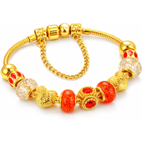 Gold Plated Adjustable Ava Charm Bracelet with Red Crystal Beads & Heart Charms - Stackable Bangle Style | Wowcher