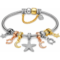 Rhodium Silver Plated Celestial Charm Bracelet - Adjustable, Mixed Metal Accents, Modern Bangle | Wowcher