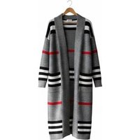 Black Women's Long Striped Loose Knit Cardigan - Trendy & Versatile Style | Wowcher