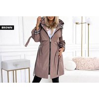 Brown/UK18: Women's Hooded Plaid Casual Mid Length Zipper Jacket - Versatile Style | Wowcher
