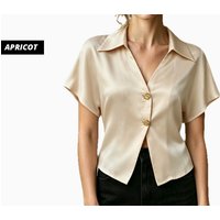 Apricot/L=JGD35114: Women's Satin Crop Button-Down Shirt, Short Sleeves | Wowcher