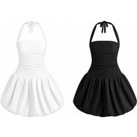 Women's Black Halter Neck Mini Party Dress with Lace-Up Back | Wowcher