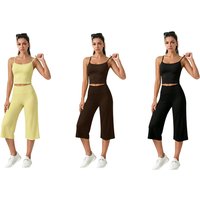 Black/L: 2-Piece Women's Workout Set with Wide Leg Capri Pants for Active Days | Wowcher