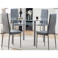 Contemporary Glass & Faux Leather 4-Seater Round Dining Table Set - 120cm, Space-Saving, Modern Grey Chairs | Wowcher