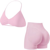 Pink/S: 2-Piece Strappy Halter Sports Bra & Shorts Yoga Set for Women | Wowcher