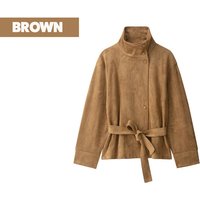 Brown/XS: Women's Faux Suede Belted Jacket | Wowcher