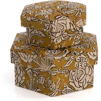Hexagonal Botanical Boxes in Wood and Cotton - Set of 2