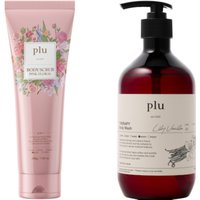 plu - Body Scrub Pink Floral - 200g (1ea) & Therapy Body Wash - 500g - Lily Vanilla (1ea) Set