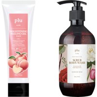 plu - Brightening Peeling Gel Peach - 100g (1ea) & Perfumed Spa Scrub Body Wash - 500g - Damask Rose (1ea) Set