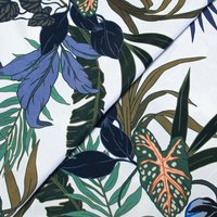 Étoffe 100% viscose - Feuille bleu fond blanc