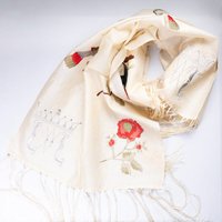 Étole 100% soie brodée – Fleurs sur fond écru